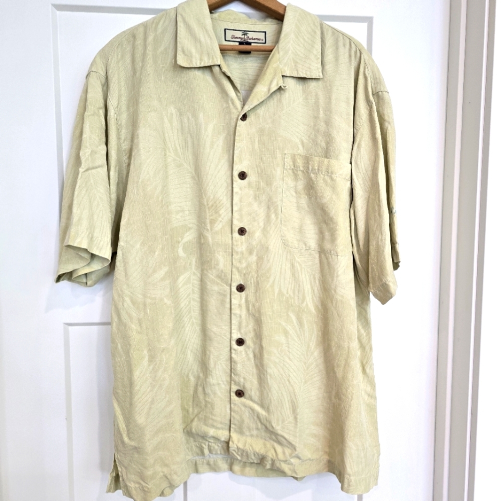 Tommy Bahama Shirt Men's L Short-sleeve Beach Palm Hawaiian Travel 100% Silk